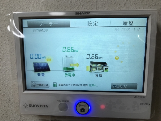 設置後、強制的に停電させて試運転。蓄電池からの放電で家中の電気が使えます。